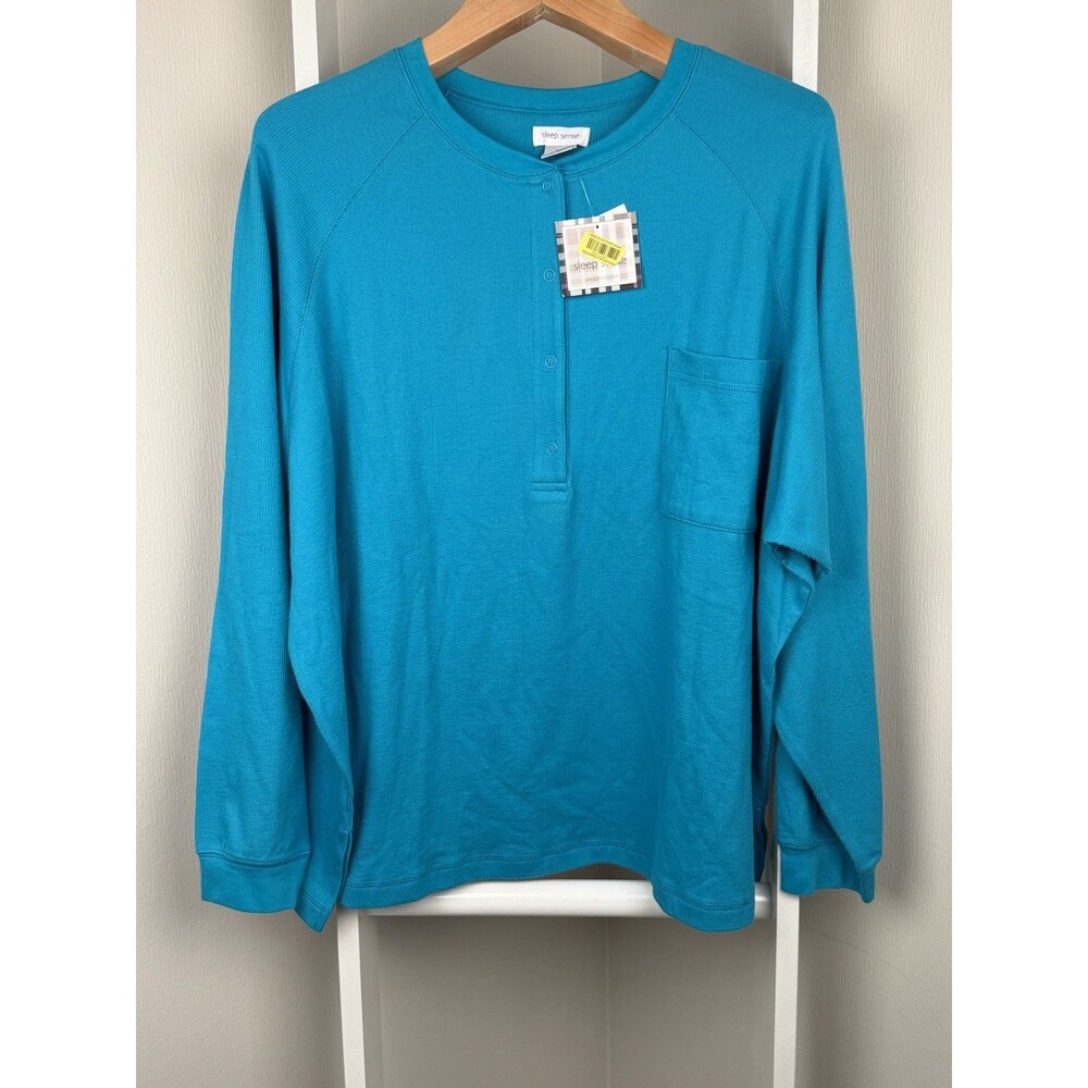 Sleep Sense Lounge Knit Shirt Womens XXL Turquoise Blue Long Sleeve Thermal NEW